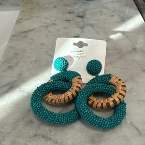 Elegant Beaded Hoop Earrings - Teal and Tan